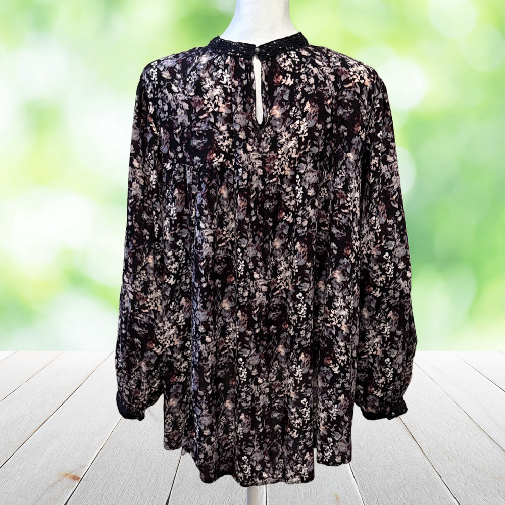 CATO Blouse Dark Floral Babydoll Crochet Lace Whimsigoth Black Purple Plus 3X - Picture 3 of 13
